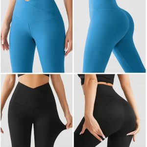 Crossover Waist Flare Leggings, Breathable Seamed Tummy Control Yoga Pants for Fitness Training